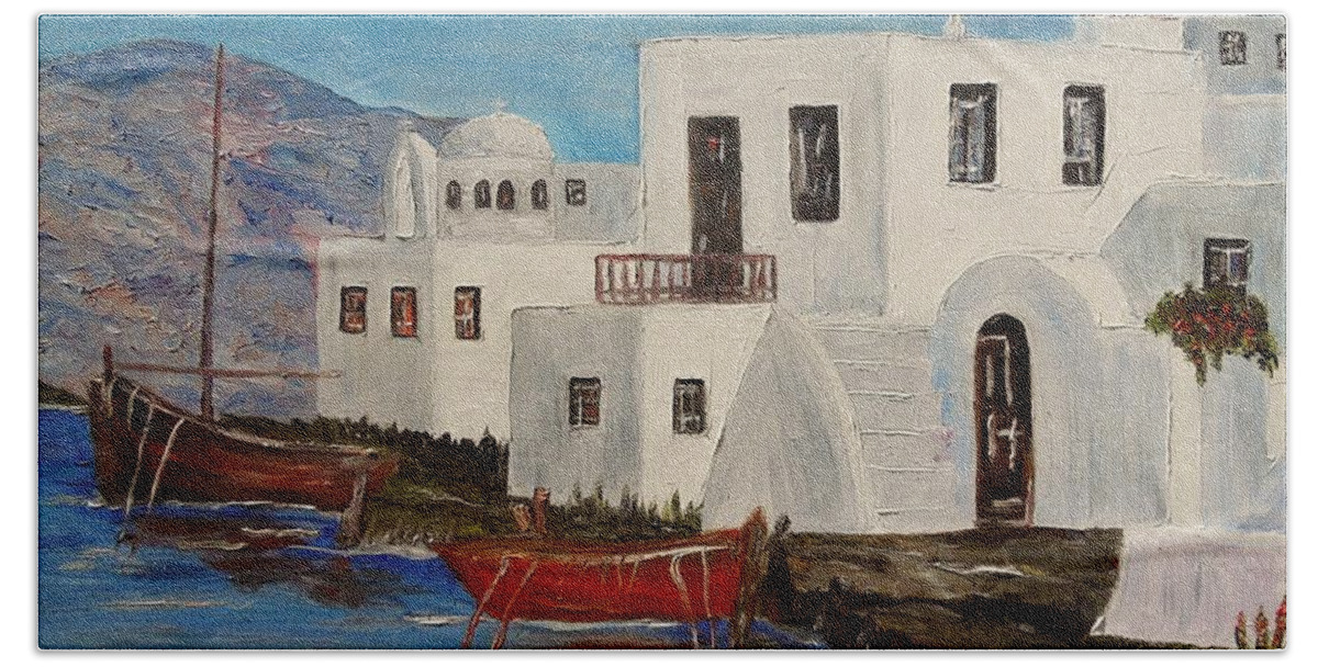Boat Bath Towel featuring the painting At home in Greece by Marilyn McNish