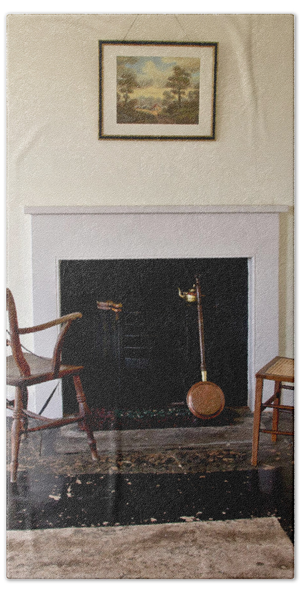 Fireplace Bath Towel featuring the photograph At the cold fireplace. by Elena Perelman