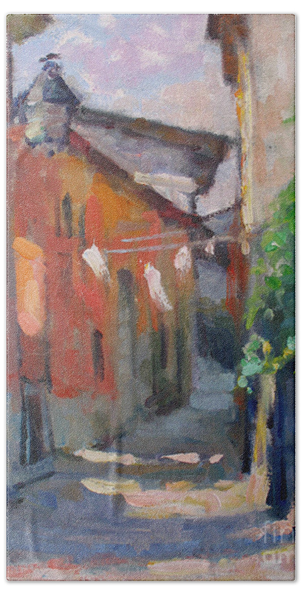 Plein-air Hand Towel featuring the painting At the End of the Alley by Jerry Fresia