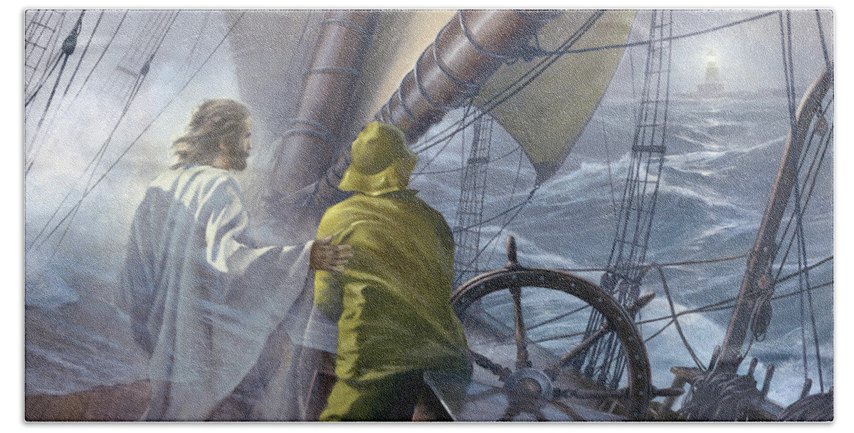 Jesus Hand Towel featuring the painting At the Helm by Danny Hahlbohm