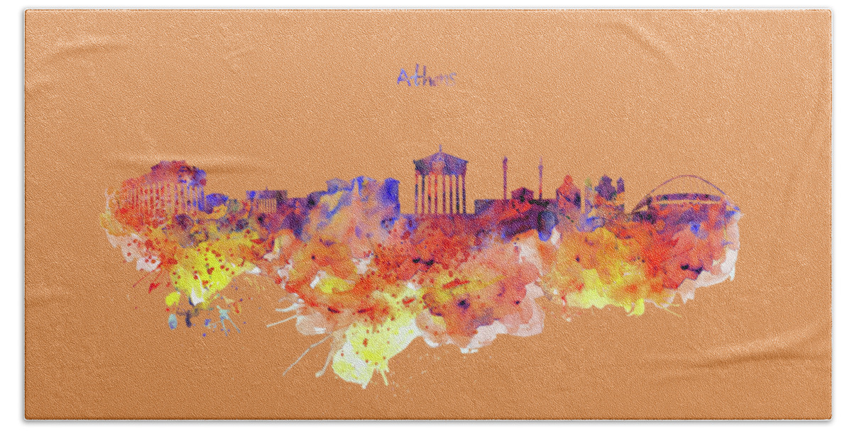 Marian Voicu Hand Towel featuring the painting Athens Skyline by Marian Voicu