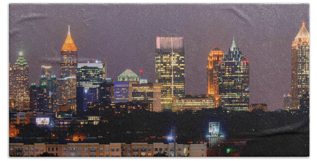 #faatoppicks Hand Towel featuring the photograph Atlanta Skyline at Night Downtown Midtown Color Panorama by Jon Holiday