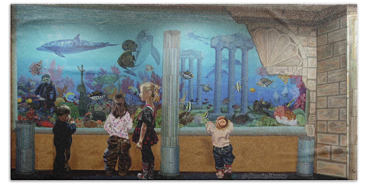Atlantis Aquarium Hand Towel featuring the painting Atlantis Aquarium towel version by Bonnie Siracusa