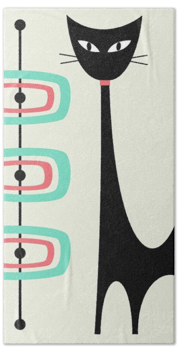 Mid Century Modern Bath Towel featuring the digital art Atomic Cat Orbs Aqua and Pink on Cream by Donna Mibus