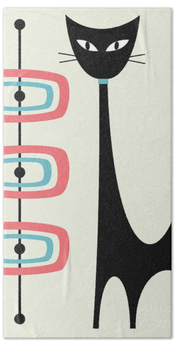 Mid Century Modern Bath Towel featuring the digital art Atomic Cat Orbs Pink and Turquoise on Cream by Donna Mibus