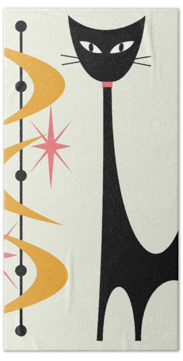Mid Century Modern Bath Towel featuring the digital art Atomic Cat Pink and Gold on Cream by Donna Mibus
