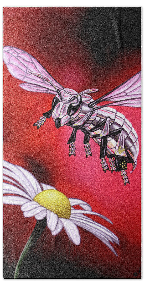  Hand Towel featuring the painting Attack of the Silver Bee by Paxton Mobley