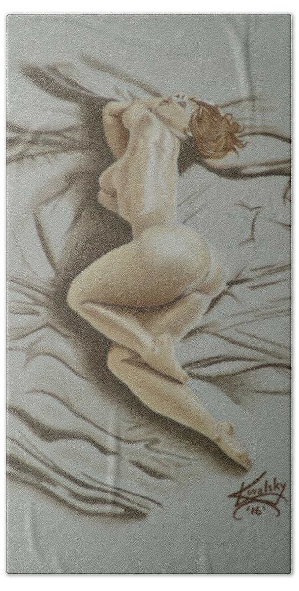 Nude; Art; Artwork; Pastel Pencil; Drawing Hand Towel featuring the drawing Au Naturel by Edward Kovalsky