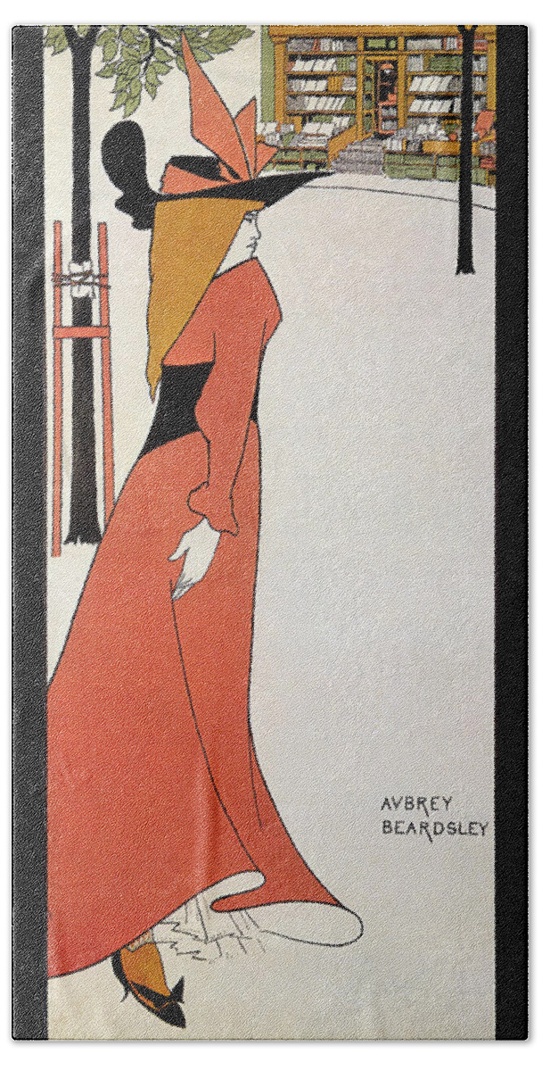 Aubrey Beardsley Bath Towel featuring the mixed media Aubrey Beardsley - Girl in Red Gown - Vintage Advertising Poster by Studio Grafiikka