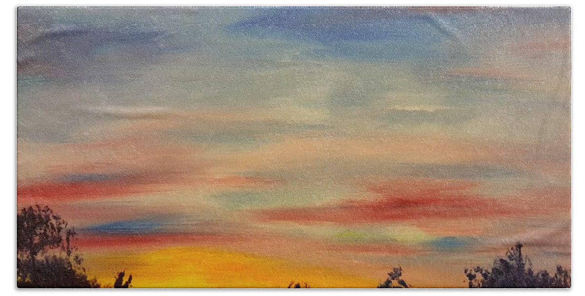 Augusts Sunset Hand Towel featuring the painting August Sunset in SW Montana by Cheryl Nancy Ann Gordon