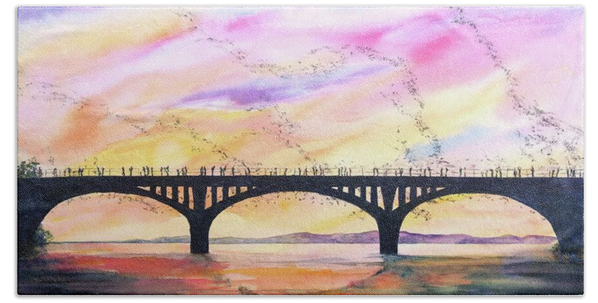 Austin Hand Towel featuring the painting Austin Bats Congress Bridge 2 by Carlin Blahnik CarlinArtWatercolor