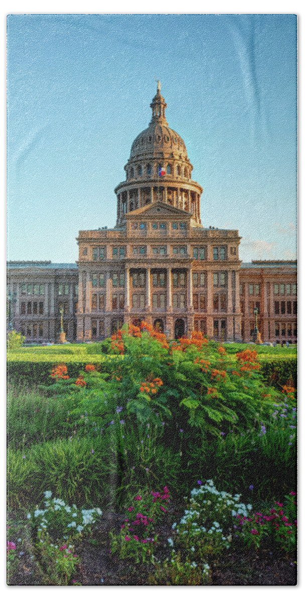 America Hand Towel featuring the photograph Austin TX Capitol Building with Flowers by Gregory Ballos