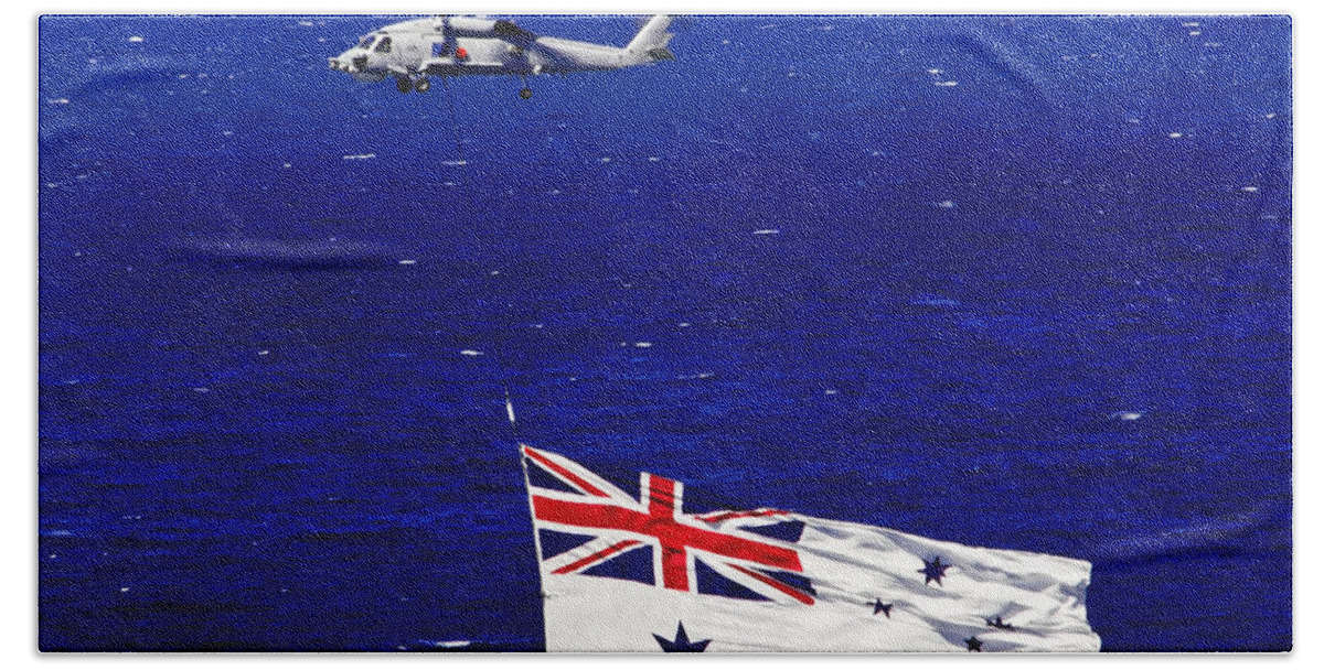 Australian White Ensign Hand Towel featuring the photograph Australian White Ensign Over Sydney Harbour by Miroslava Jurcik