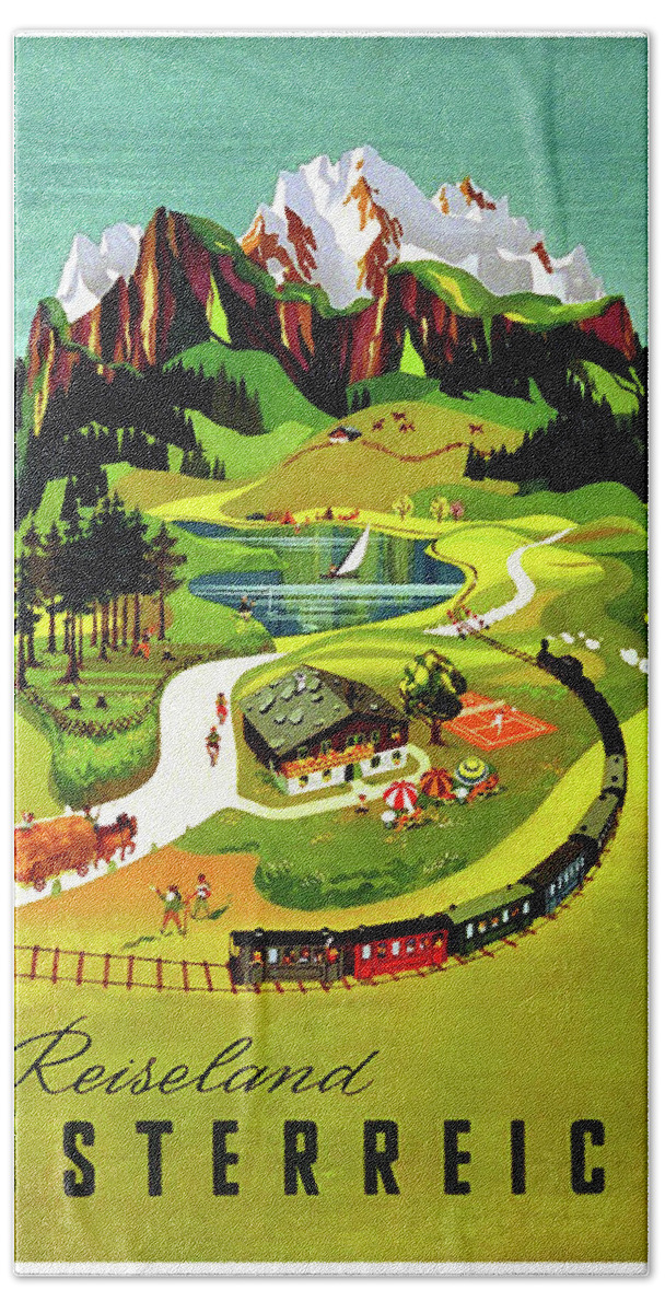 Austria Hand Towel featuring the painting Austria, Reiseland, tourist destination, railway, travel poster by Long Shot