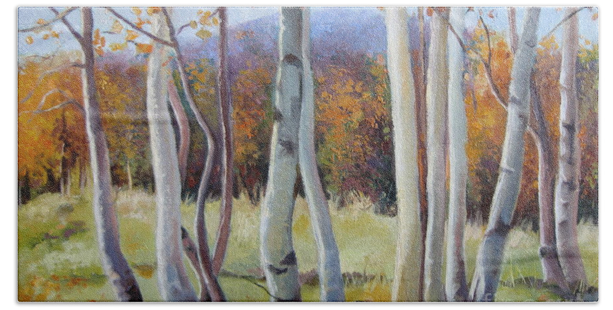 Birch Hand Towel featuring the painting Autumn birches by Elena Oleniuc