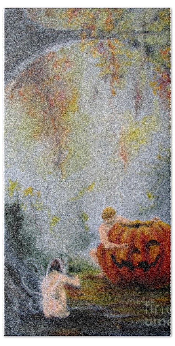 Fairies; Pumpkins Bath Towel featuring the painting Autumn Color Celebration by Patricia Kanzler