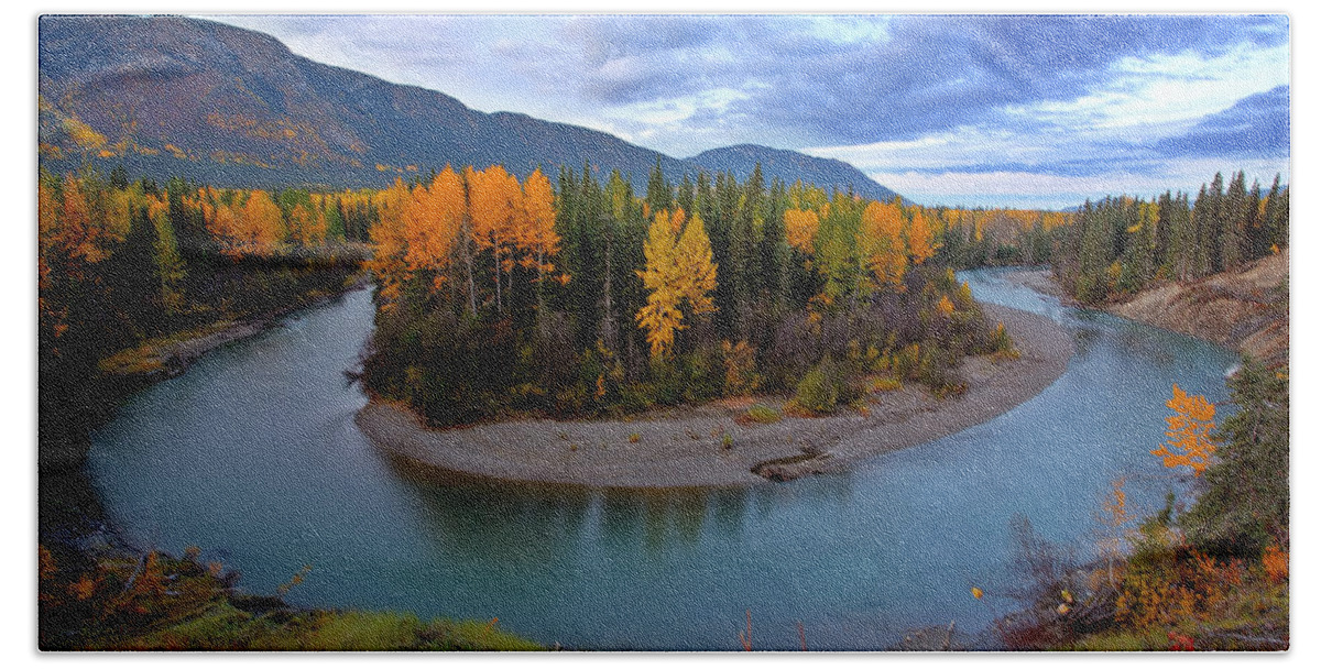 River Bath Towel featuring the digital art Autumn colors along Tanzilla River in Northern British Columbia by Mark Duffy