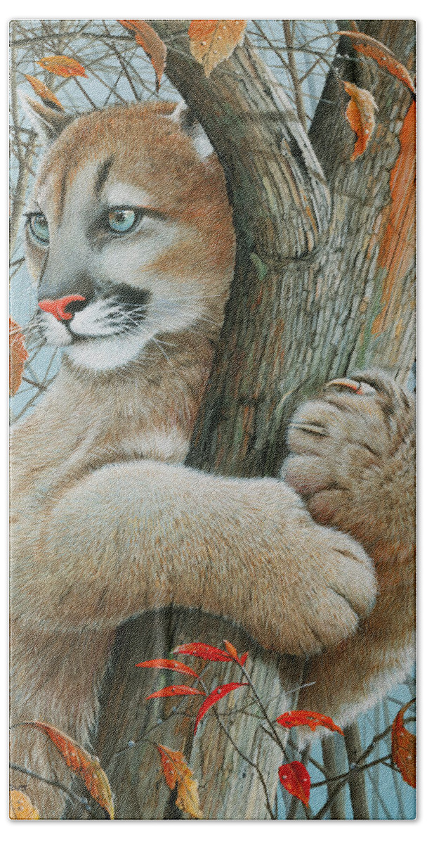 Cougar Kitten Bath Towel featuring the painting Autumn Dew by Mike Brown
