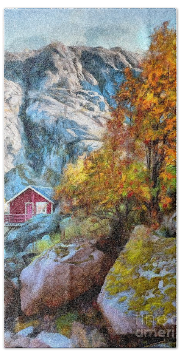 Nusfjord Hand Towel featuring the digital art Autumn in Nusfjord by Eva Lechner