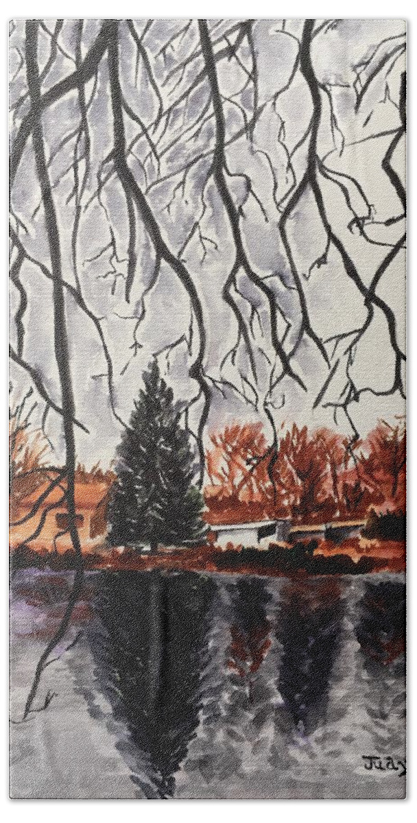 Landscape Bath Towel featuring the painting Autumn in Upstate by Judy Swerlick