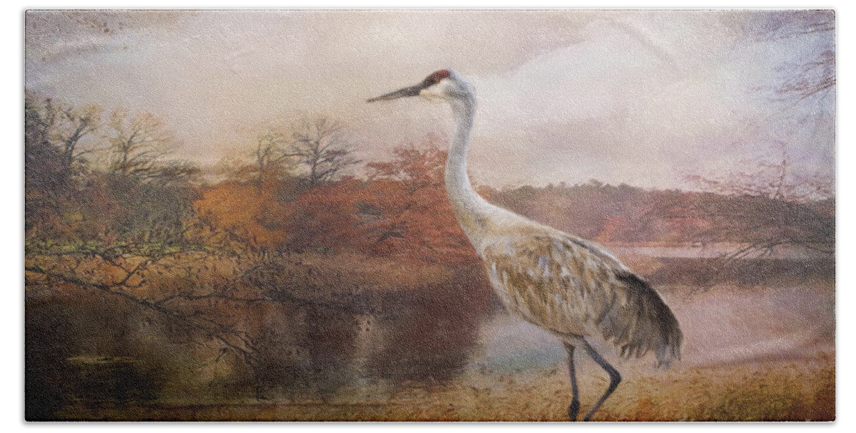 Crane Bath Towel featuring the painting Autumn Lake Crane by Janice Pariza