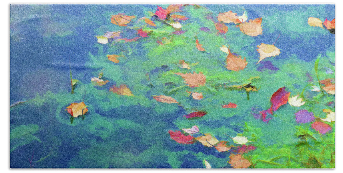 Autumn Leaves On Water Bath Towel featuring the painting Down Down Down by Jeelan Clark