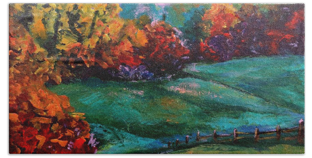 Abstract Landscape Hand Towel featuring the painting Autumn Meadow by Lidija Ivanek - SiLa