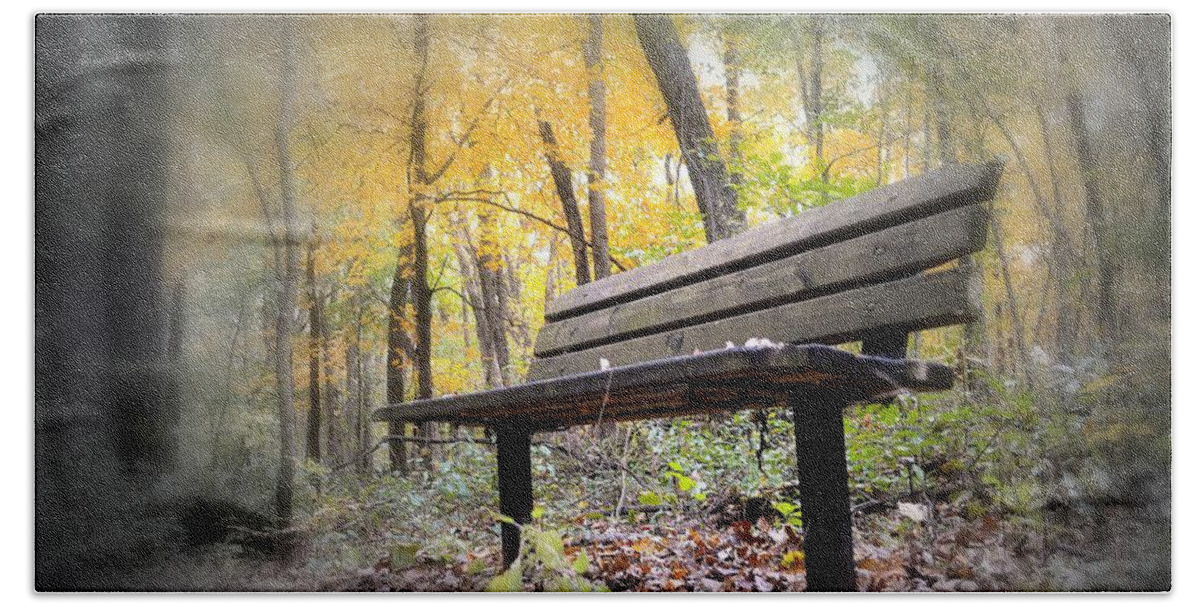 Woods Hand Towel featuring the photograph Autumn Park Bench by Bonfire Photography