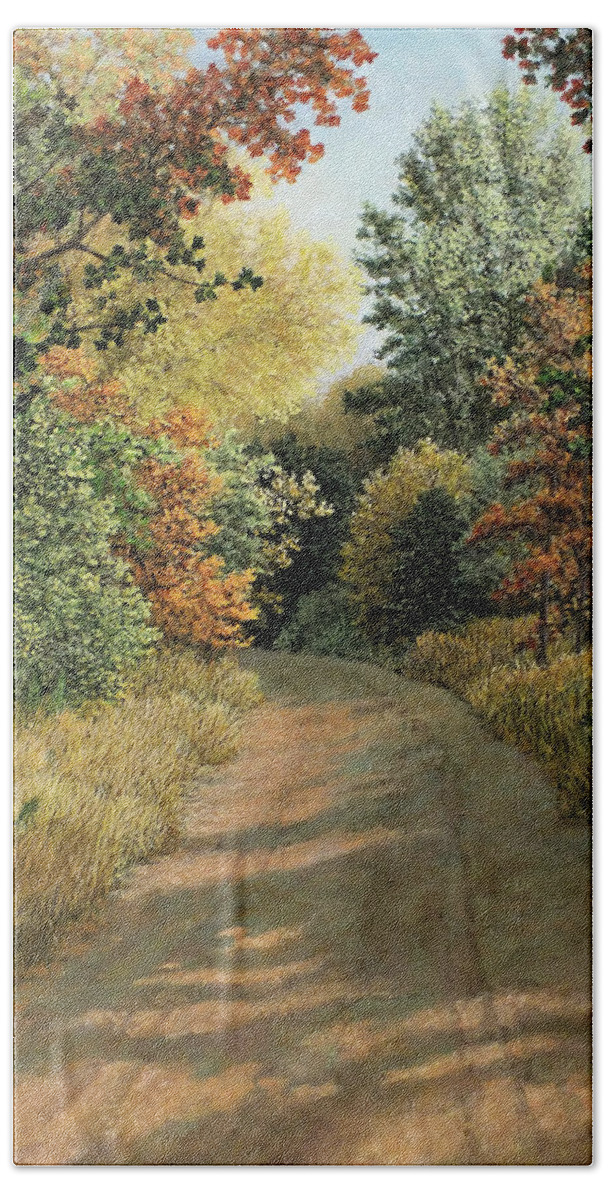 Autumn Scene Bath Towel featuring the painting Autumn Road by Marc Dmytryshyn