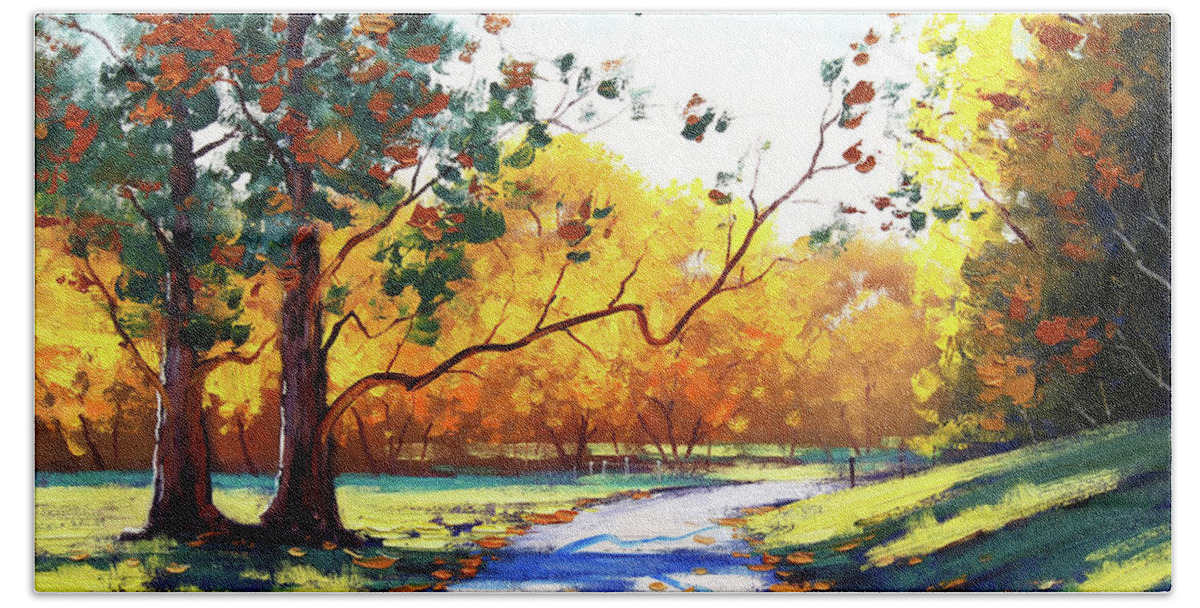 Nature Hand Towel featuring the painting Autumn road Mt Wilson by Graham Gercken