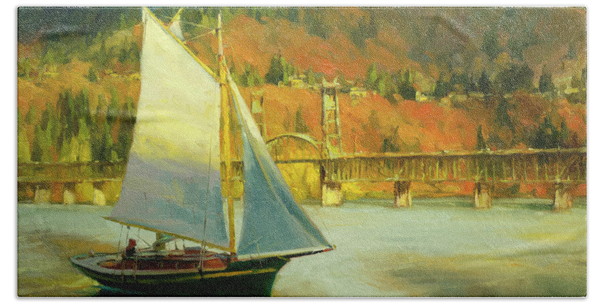 Sailing Hand Towel featuring the painting Autumn Sail by Steve Henderson