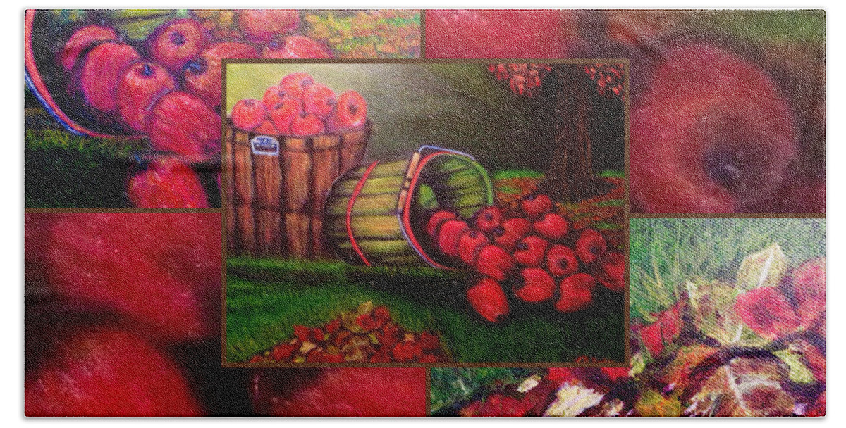 Collage Of Kimberlee Baxter's Painting Autumn's Bounty In Tennessee Red Crimsons Purple Scarlet And Gold Colors Autumn Fall Paintings Hand Towel featuring the painting Autumn Sends You Its Best by Kimberlee Baxter