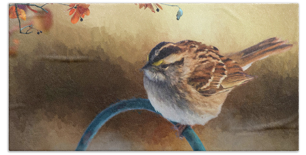 Bird Hand Towel featuring the photograph Autumn Sparrow by Cathy Kovarik