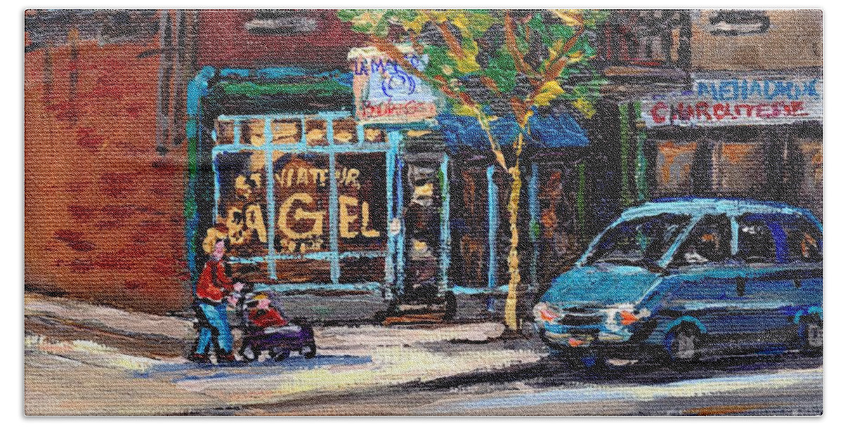 St. Viateur Bagel And Mehadrins Bath Towel featuring the painting Autumn Street Scenes Canadian Paintings St Viateur Bagel Best Authentic Original Montreal Art by Carole Spandau