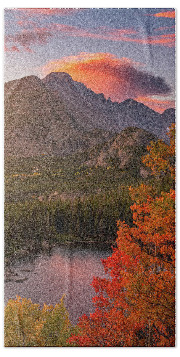 Sunrise Hand Towel featuring the photograph Autumn Sunrise over Longs Peak by Darren White
