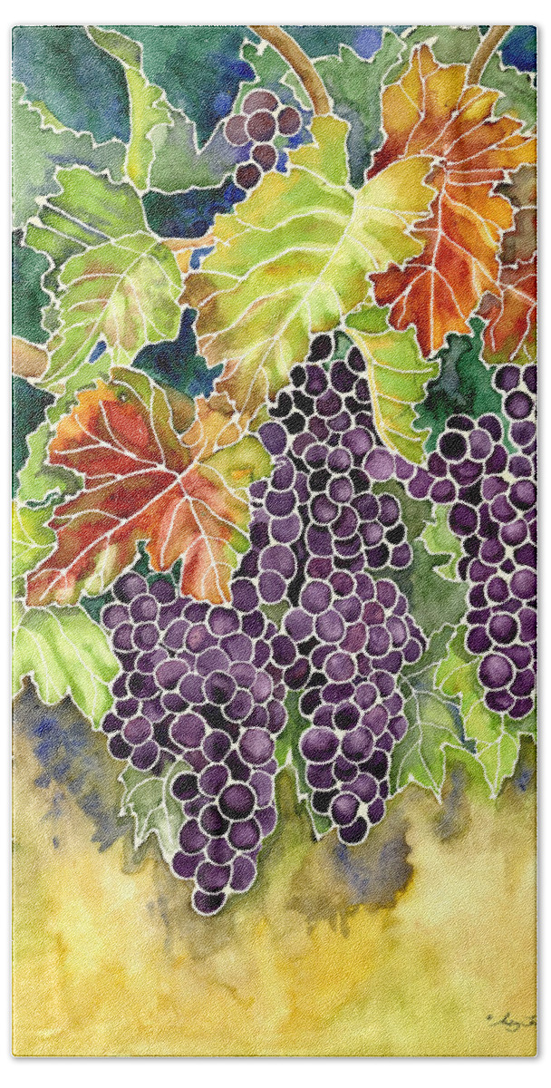 Cabernet Sauvignon Grapes Hand Towel featuring the painting Autumn Vineyard in its Glory - Batik Style by Audrey Jeanne Roberts