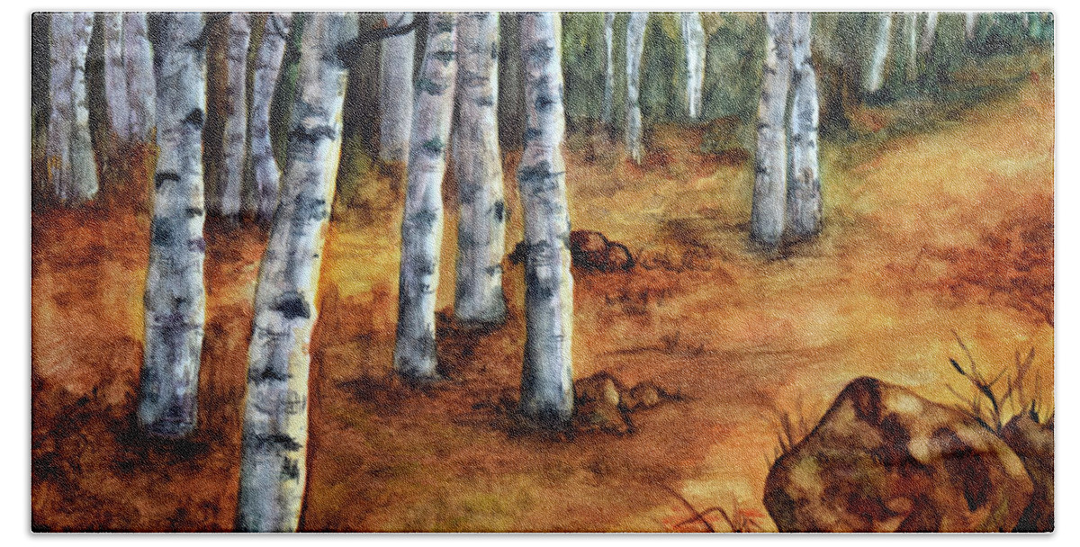 Birch Hand Towel featuring the painting Autumn Walk in the Woods by Deb Arndt