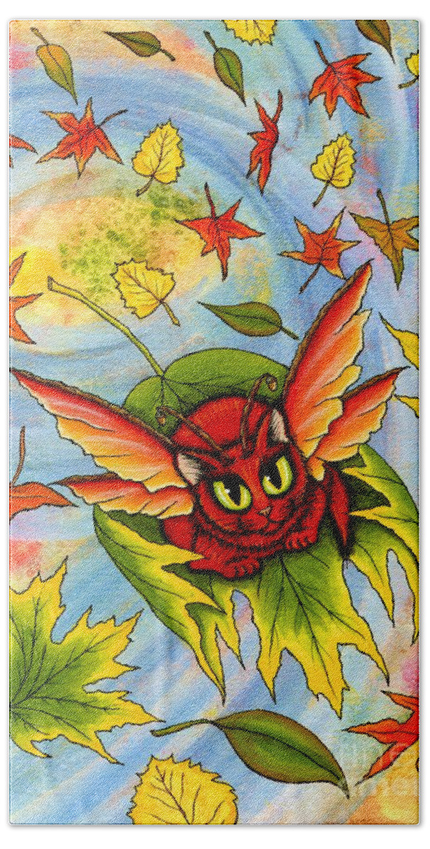 Autumn Bath Towel featuring the painting Autumn Winds Fairy Cat by Carrie Hawks