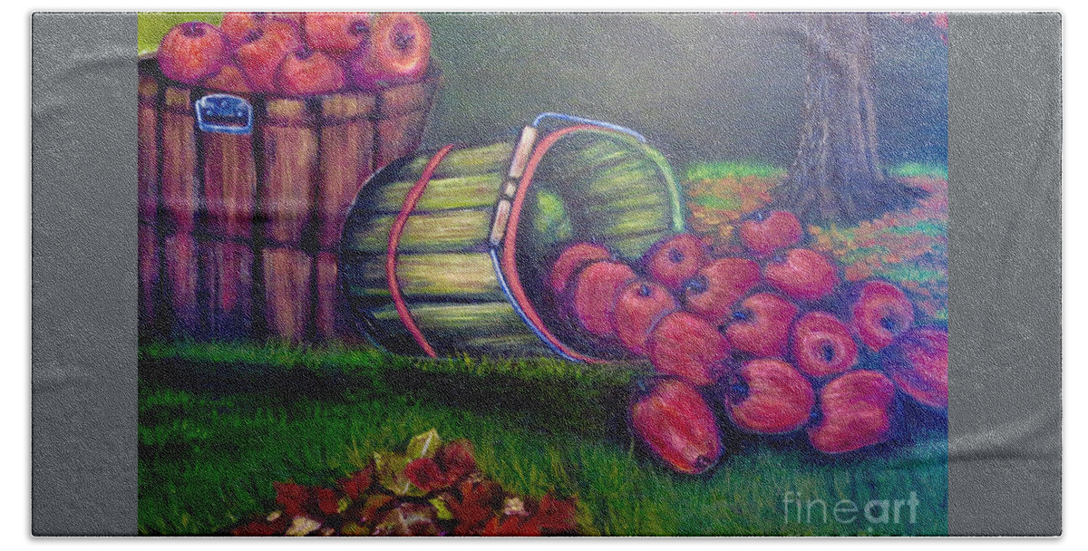 Red Delicious Apples Freshly Picked And In Two Old Fashioned Or Vintage Wooden Buckets Apples Falling Out Of The Green Bucket Onto The Grass Pile Of Leaves Freshly Racked On The Lawn Red Maple Tree With Turning Leaves In Background Dynamic Still Life Scene Acrylic Hand Towel featuring the painting Autumn's Bounty in Tennessee by Kimberlee Baxter