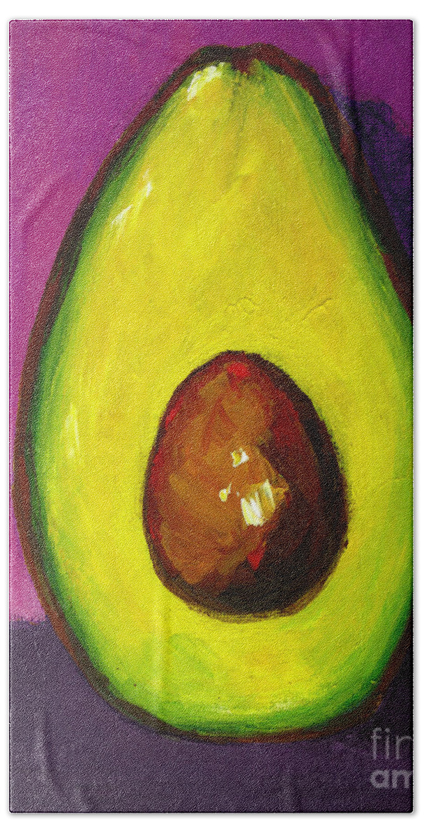 Modern Avocado Art Hand Towel featuring the painting Avocado Modern Art, Kitchen Decor, purple Background by Patricia Awapara