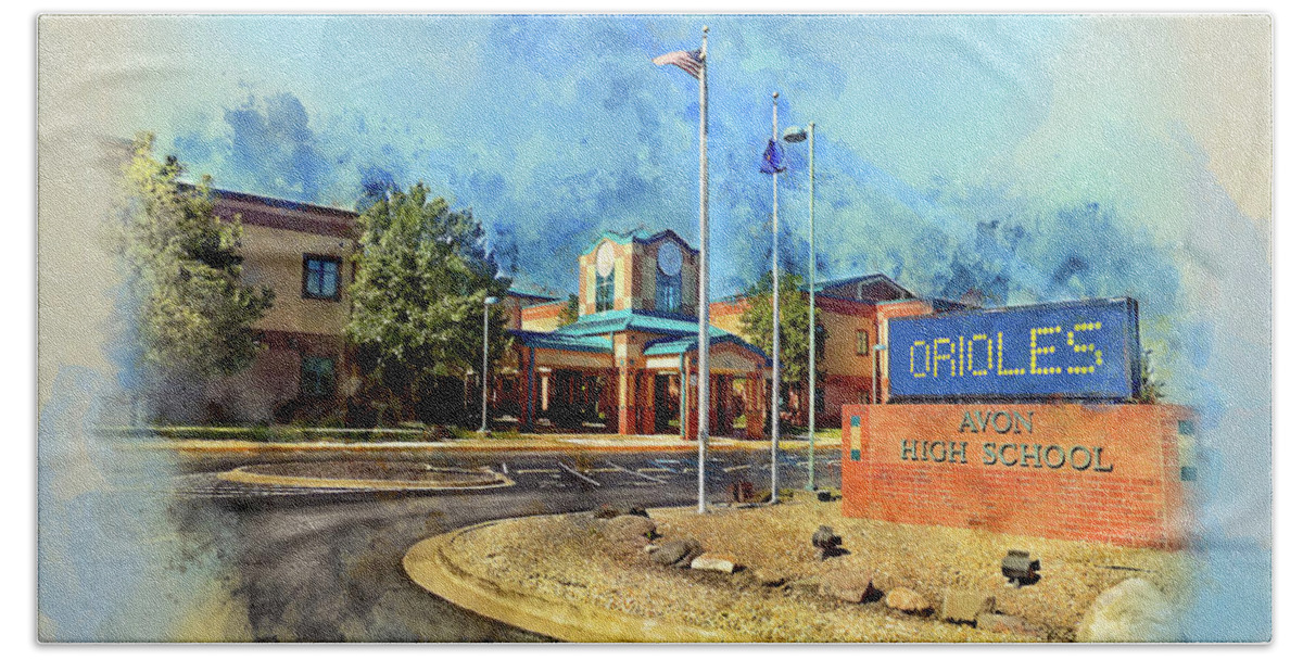 Avon High School Hand Towel featuring the mixed media Avon, Indiana High School by Dave Lee