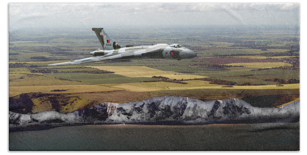 Avro Vulcan Bath Towel featuring the photograph Avro Vulcan over the white cliffs of Dover by Gary Eason