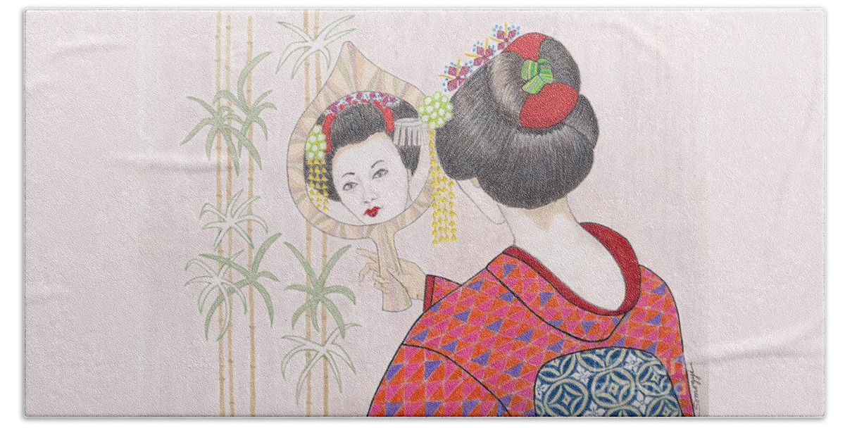 Geisha Hand Towel featuring the drawing Ayano -- Portrait of Japanese Geisha Girl by Jayne Somogy