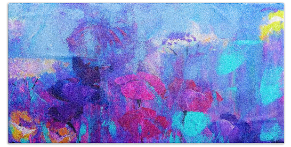 Cyan Bath Towel featuring the digital art Azure Cyan Floral Wind Painting by Lisa Kaiser by Lisa Kaiser