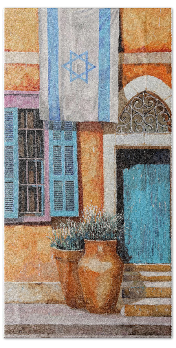 Azul Hand Towel featuring the painting Azzurro Israele by Guido Borelli