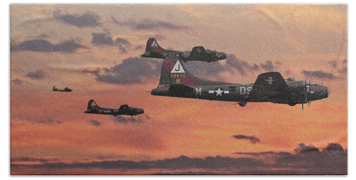 Aircraft Hand Towel featuring the digital art B17 - Sunset Home by Pat Speirs
