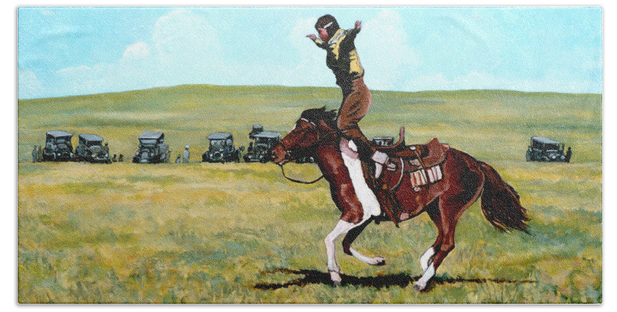 Bull Bath Towel featuring the painting Babette Rides Again by Tom Roderick