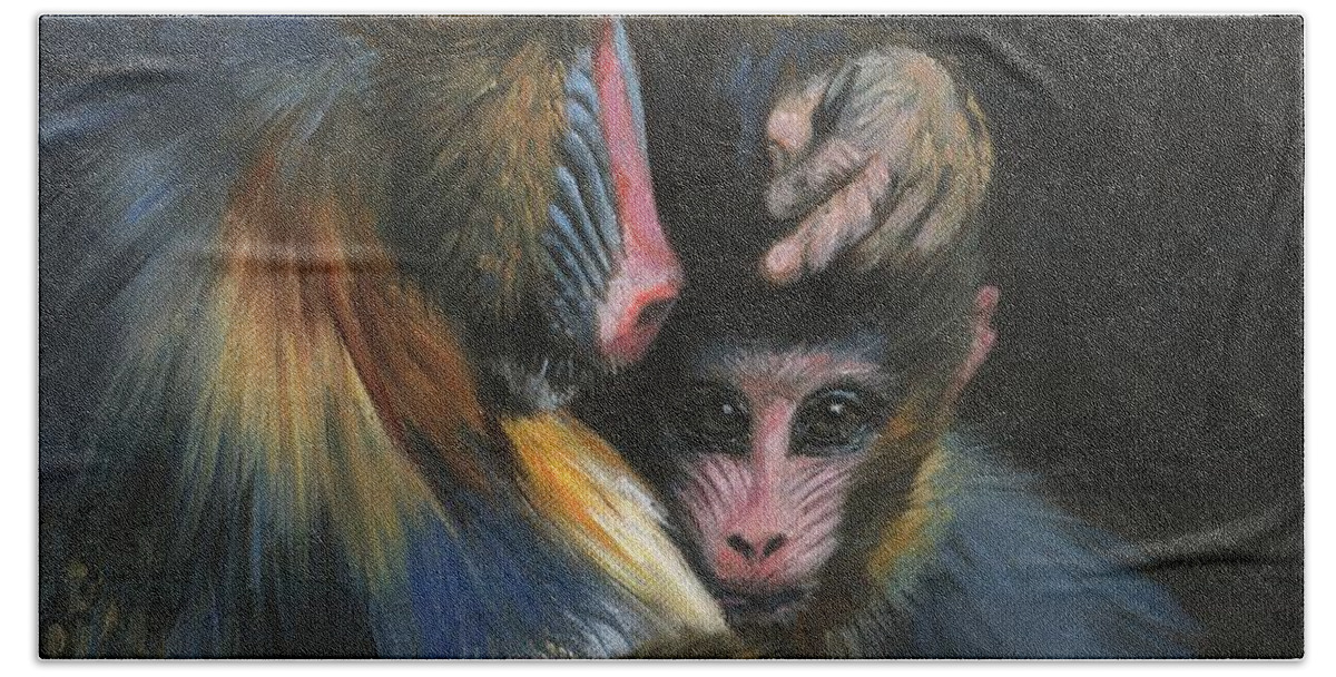 Baboob Bath Towel featuring the painting Baboon Mother and Baby by David Stribbling