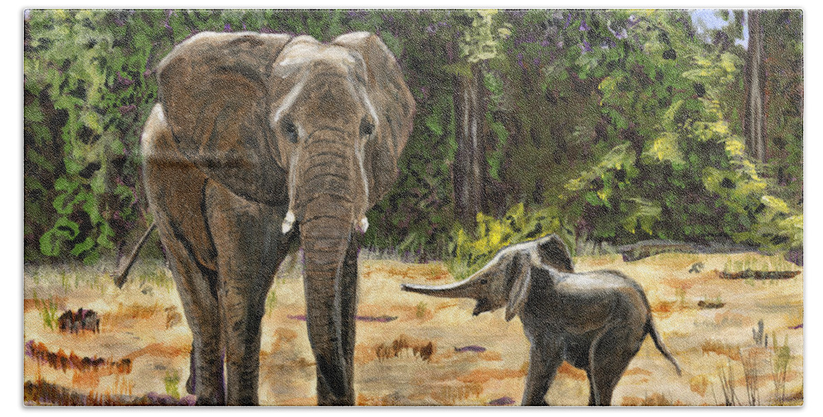 Africa Bath Towel featuring the painting Baby and Mom Elephant Painting by Timothy Hacker