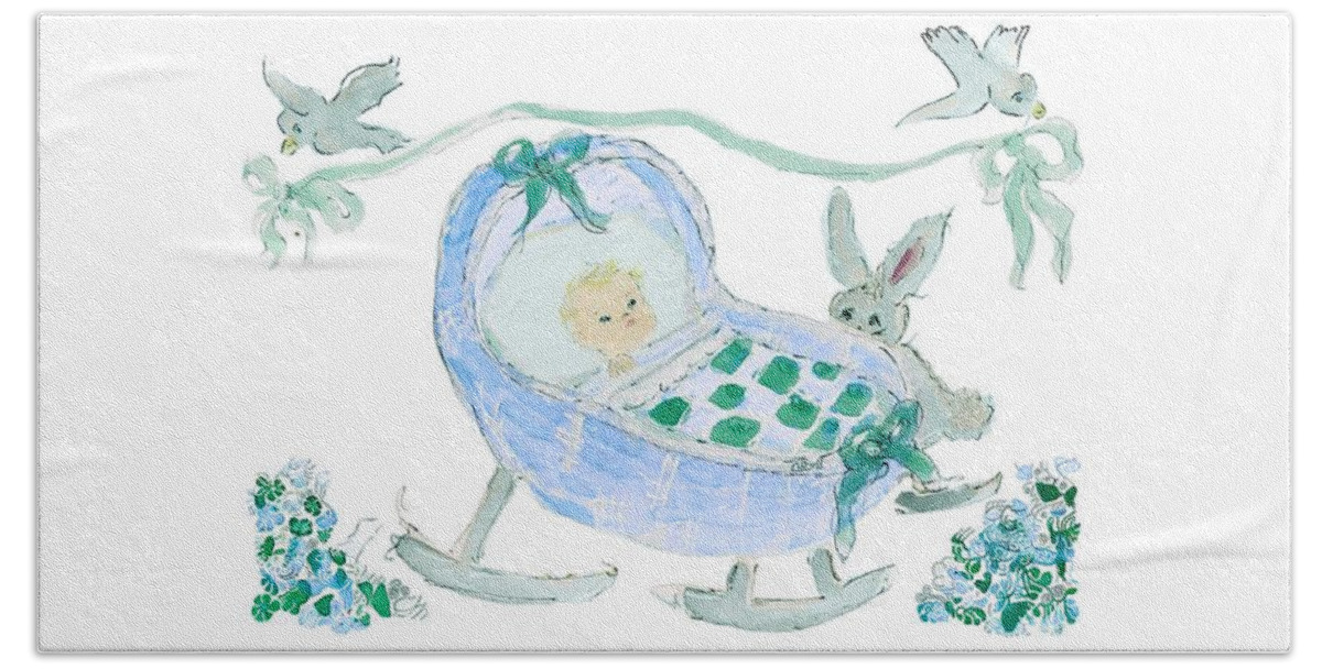 Boy Hand Towel featuring the painting Baby Boy with Bunny and Birds by Claire Bull